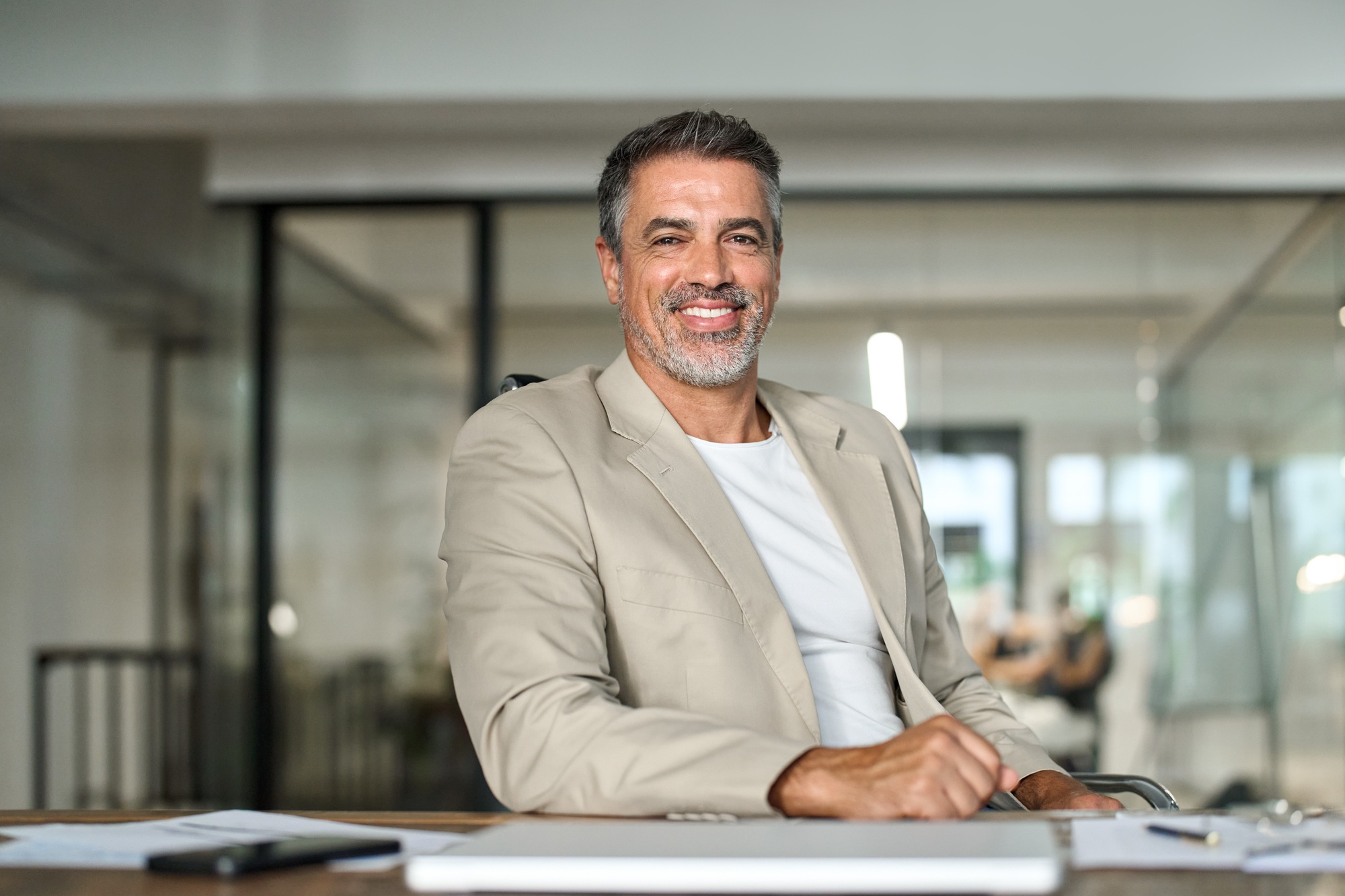 Happy middle aged business man ceo executive sitting in office. Portrait